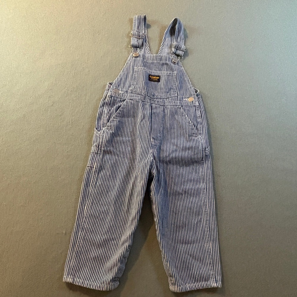 VTG OshKosh B'gosh Hickory Stripe Denim Overalls 4T Blue White Vestbak Workwear